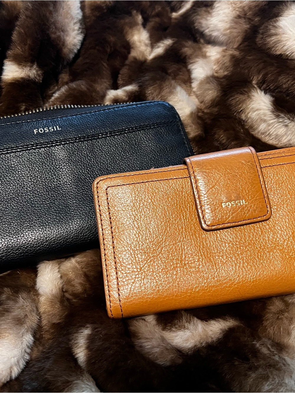 2 for 1. Fossil Black Zip Wallet and Tan Leather Snap Wallet